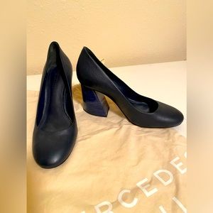 Mercedes Castillo shoes with unique chunky, angled heel. Navy blue.